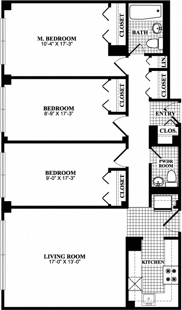 Floor plan for 3 beds, 1.5 baths, 1035 sqft